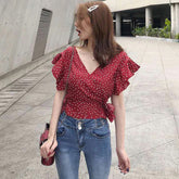 V-Neck Polka Dot Printed Short Sleeve Ruffles Blouse Shirt